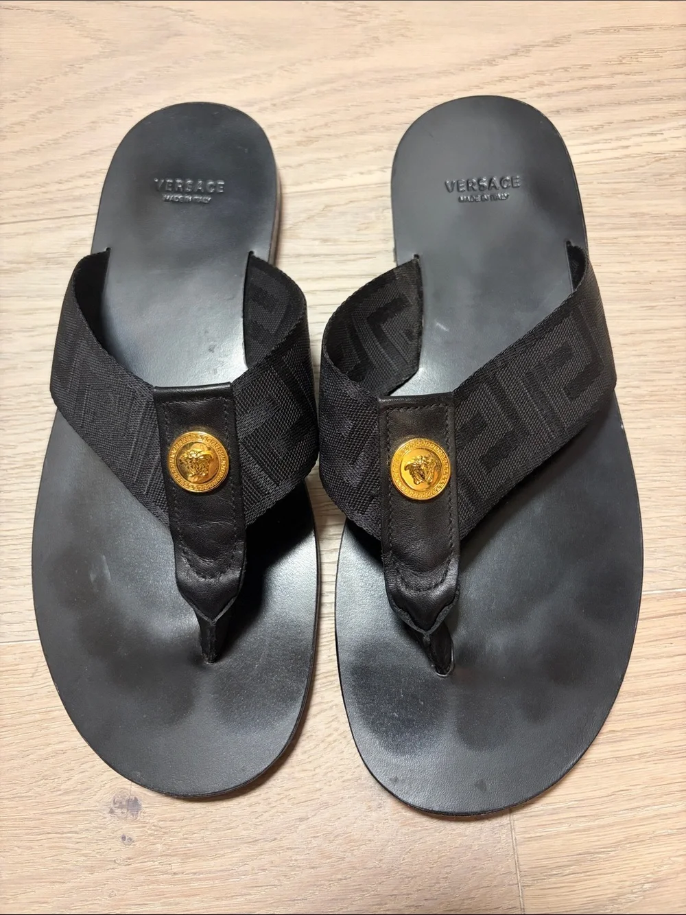 Versace Black Leather & Fabric Flip-Flops with Gold Medallions